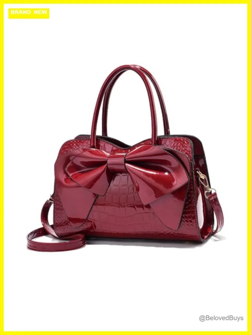 Faux Leather Crocodile Embossed Tote Bag with Bow, Zipper Closure, Crossbody